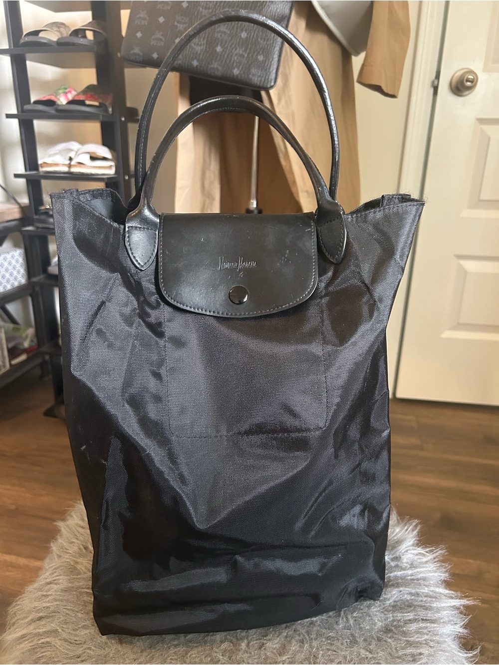 Neiman Marcus Black Nylon Tote with Leather Trim